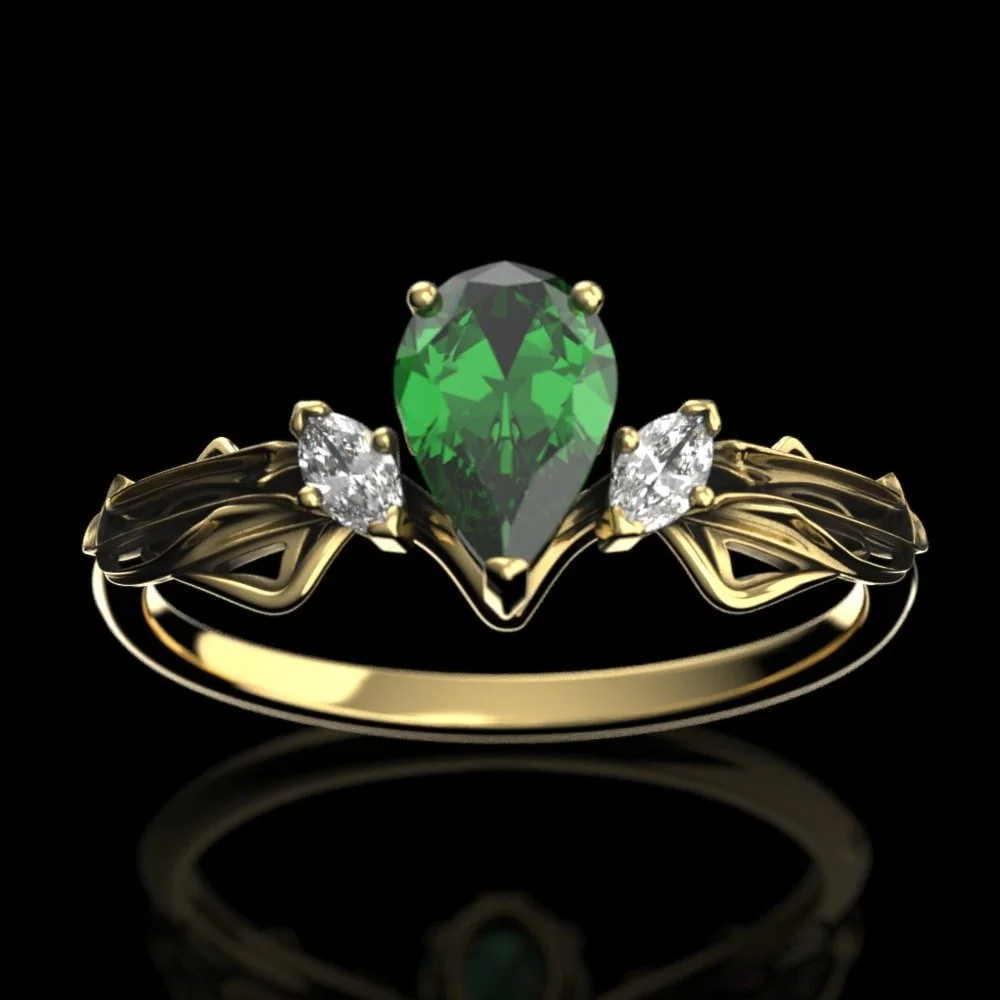 Gold Elven Crown Lab Emerald Engagement Ring – Art Nouveau Moissanite Tiara