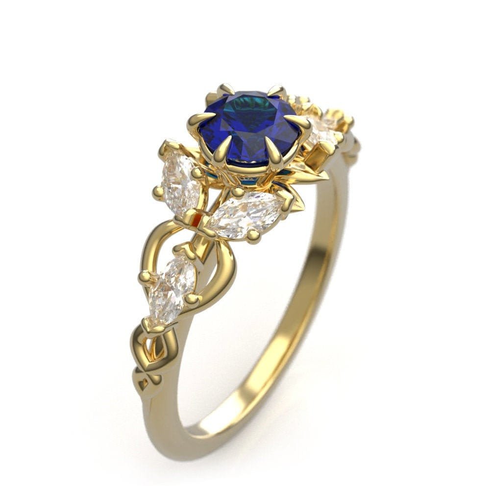 Gold Elven Engagement Ring - Lab Sapphire & Moissanite