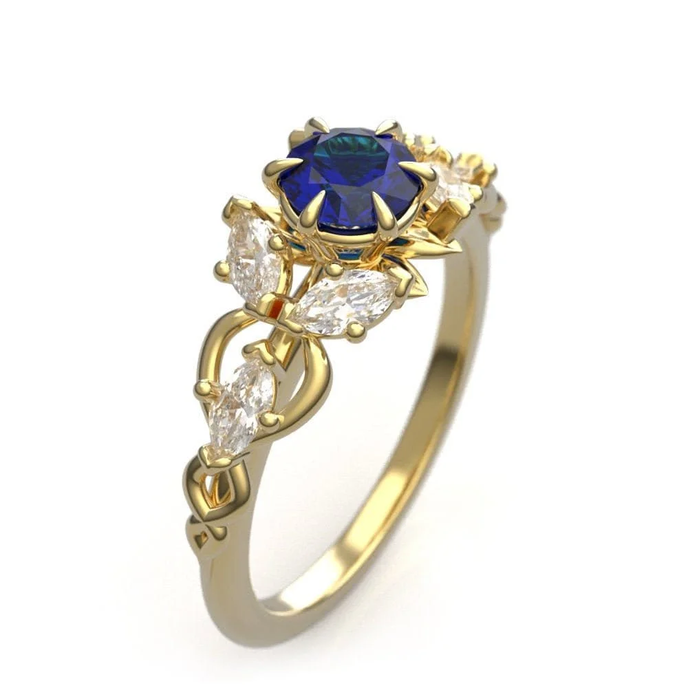 Gold Elven Engagement Ring – Lab Sapphire, Moissanite Fairy Ring