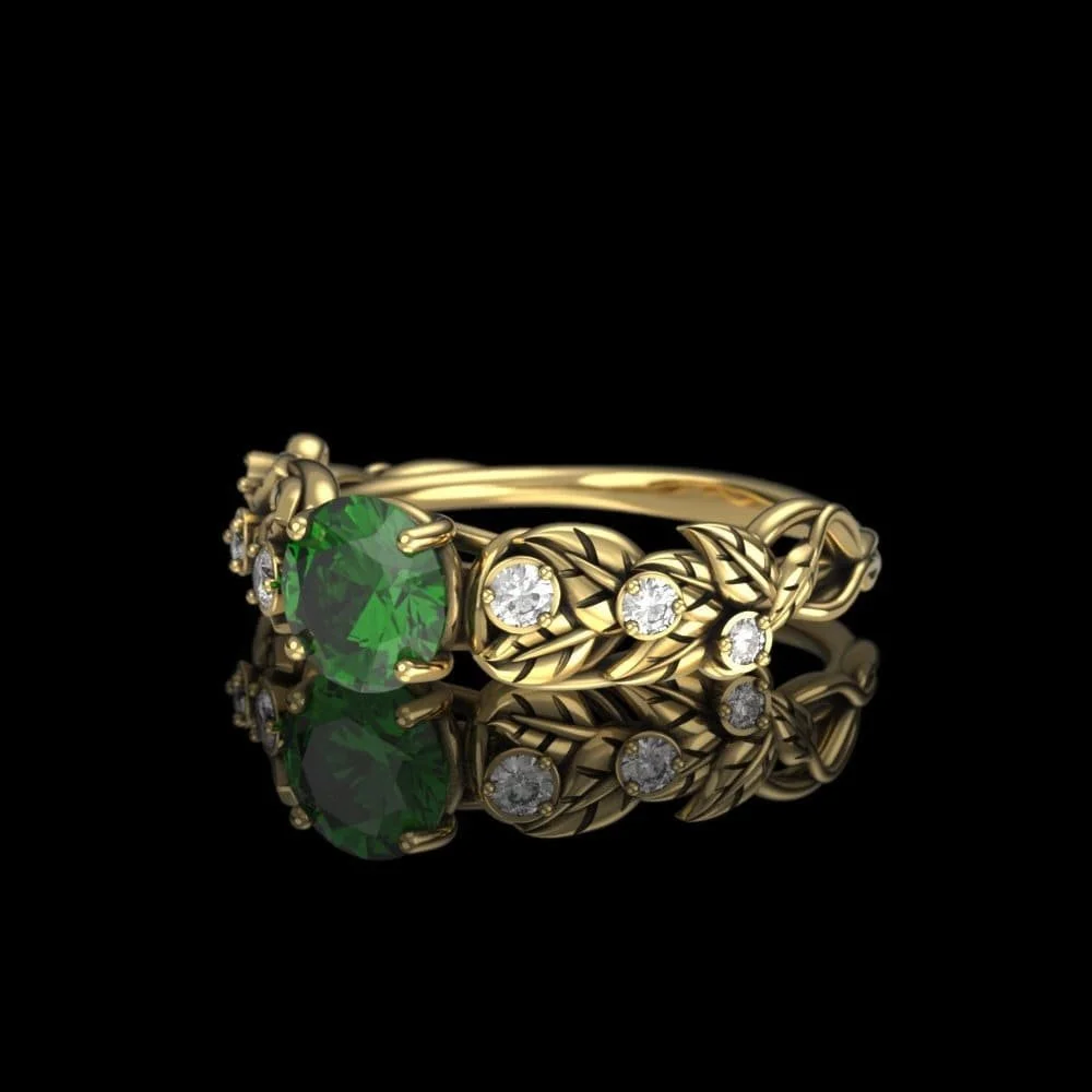 Gold Elvish Celtic Engagement Ring - 1 Carat Ring with Lab Emerald & Diamonds