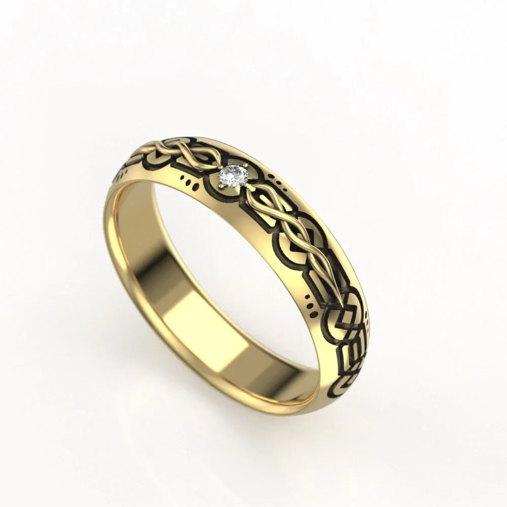 Elvish Diamond Wedding Band – 5mm Engraved Men's Ring