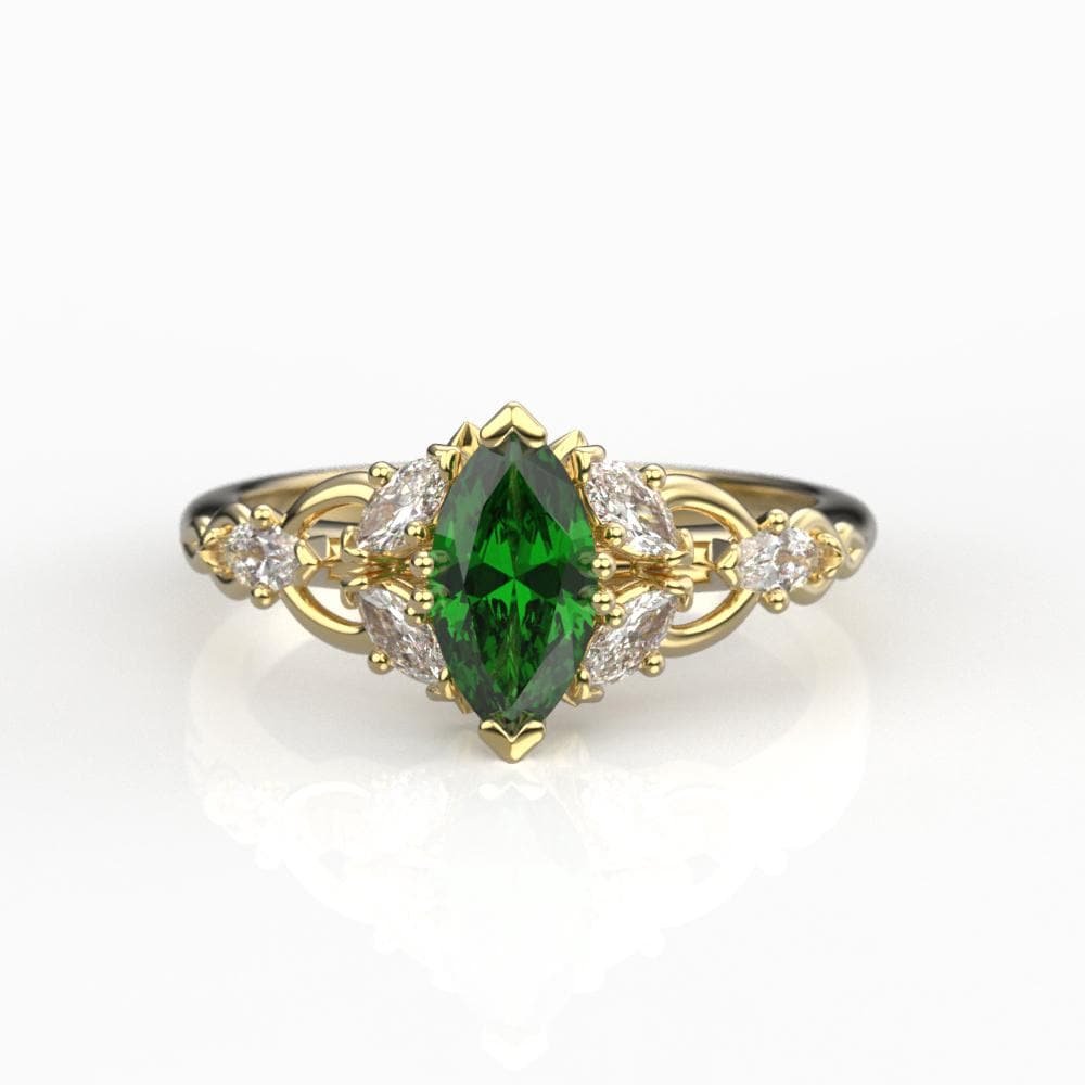 Gold Elvish Engagement Ring - Lab Emerald, Moissanite Accent