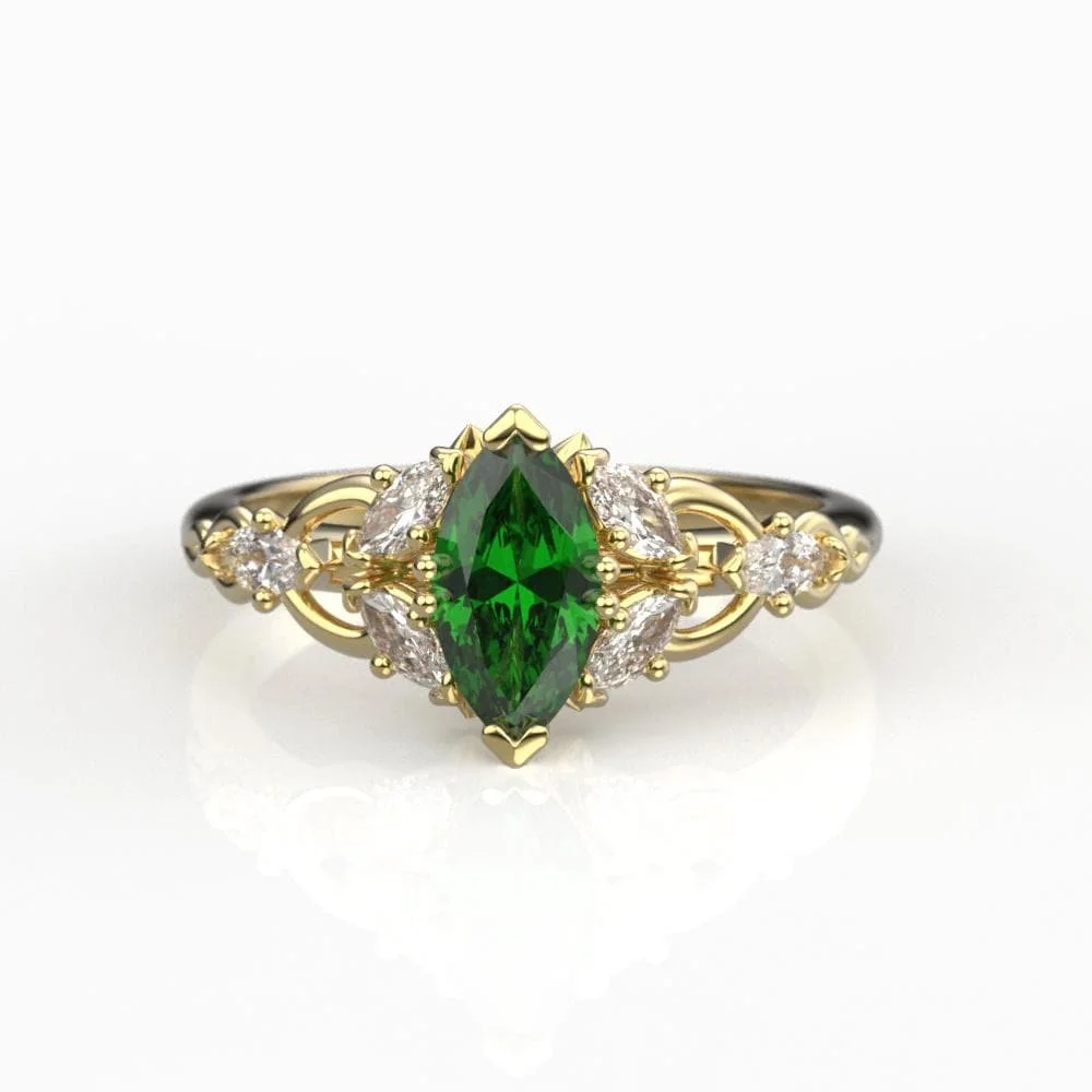 Gold Elvish Engagement Ring – Lab Emerald & Moissanite, Fantasy Wedding