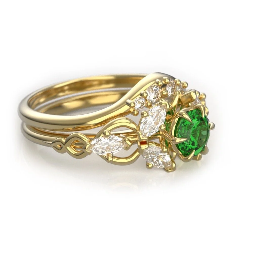 Gold Elvish Engagement Ring Set - Lab Emerald & Moissanite