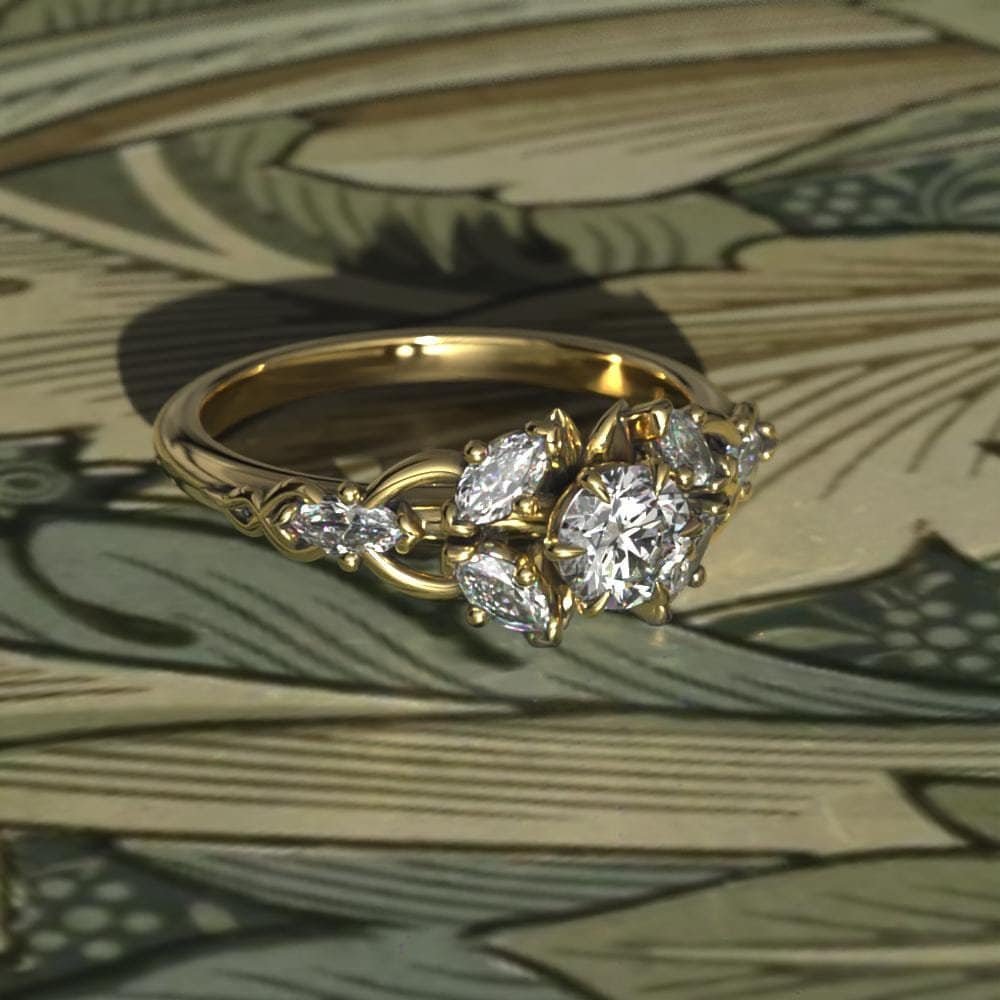 Gold Elvish Moissanite Engagement Ring - Art Nouveau Cluster