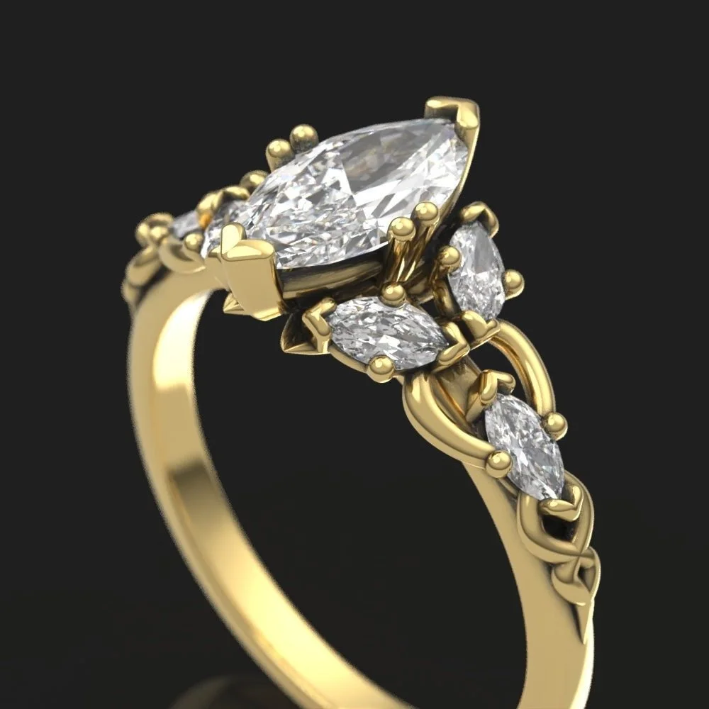 Gold Elvish Moissanite Engagement Ring – Fantasy Claw Setting