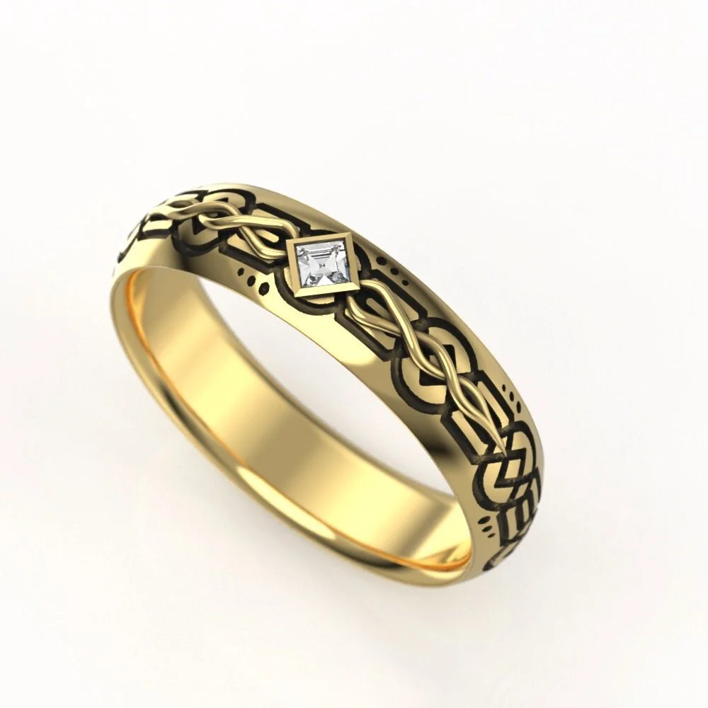 Gold Engraved Celtic Wedding Band – 5mm, Square Moissanite, Elvish Viking Ring