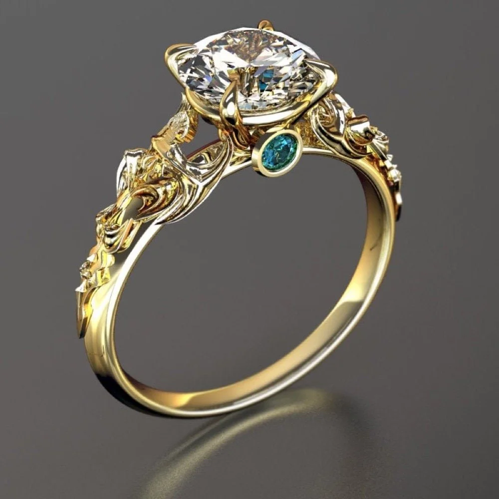 Gold Fantasy Engagement Ring , featuring Moissanite with Blue Diamond