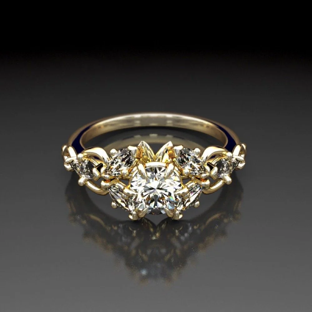Gold Lab Diamond Cluster Ring, Elvish Engagement Ring