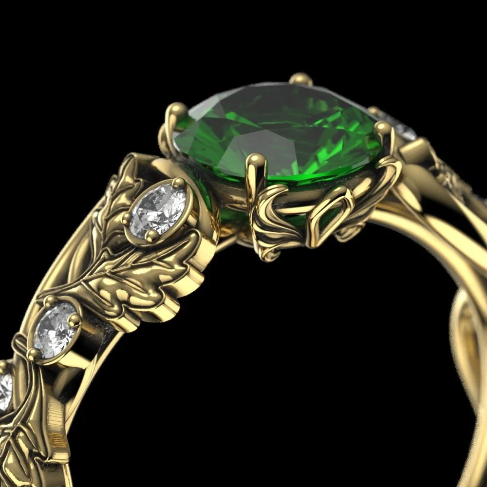 Gold Lab Emerald Engagement Ring – Art Nouveau Oak Leaf Promise Ring