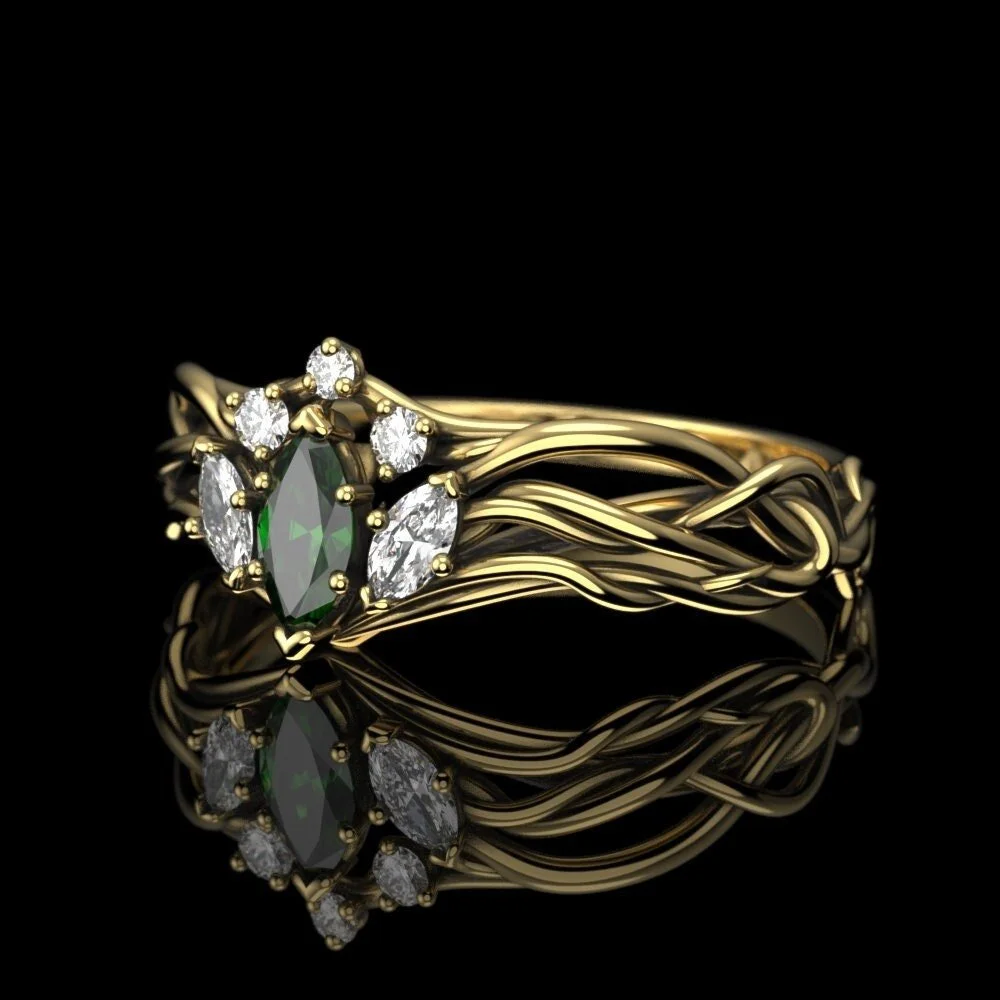 Gold Lab Emerald Engagement Ring – Elven Celtic Braided Ring