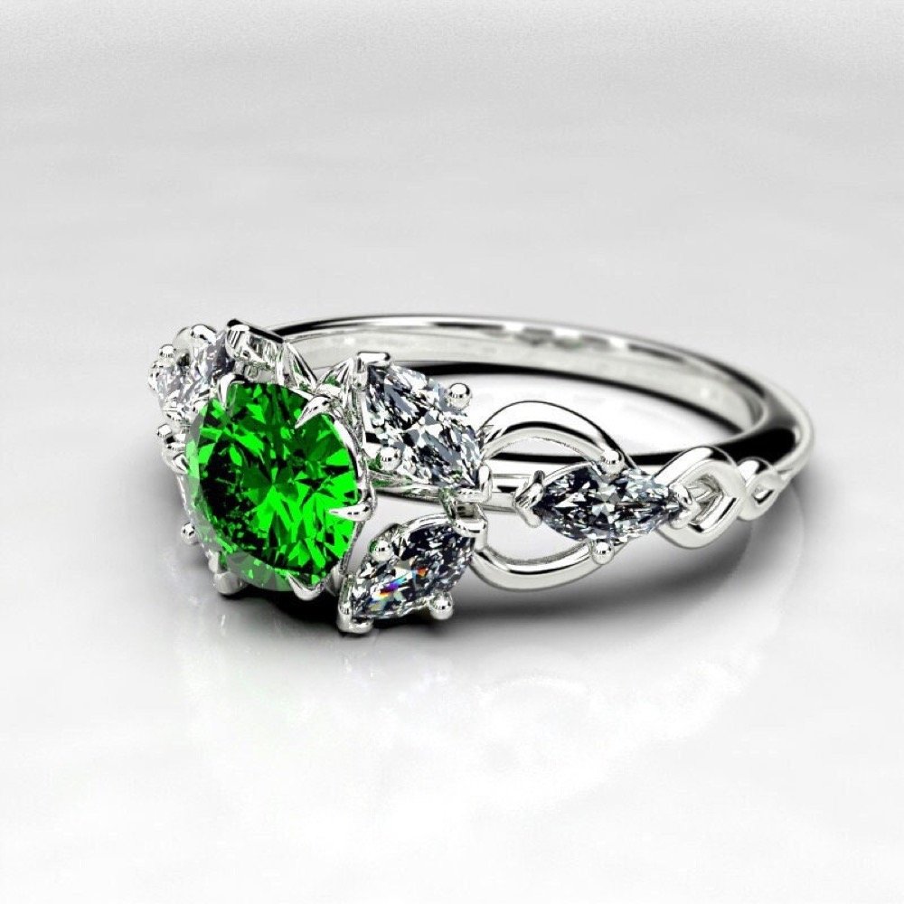 Gold Lab Emerald Engagement Ring – Moissanite Elven Cluster
