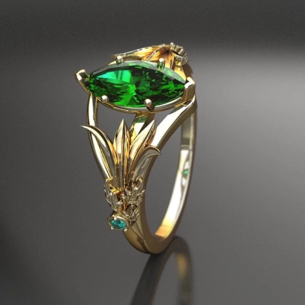 Gold Leaf Lab Emerald Engagement Ring – Elven Fantasy Wedding