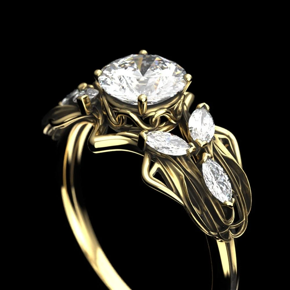 Gold Moissanite Elven Engagement Ring – Art Nouveau Fantasy Jewelry