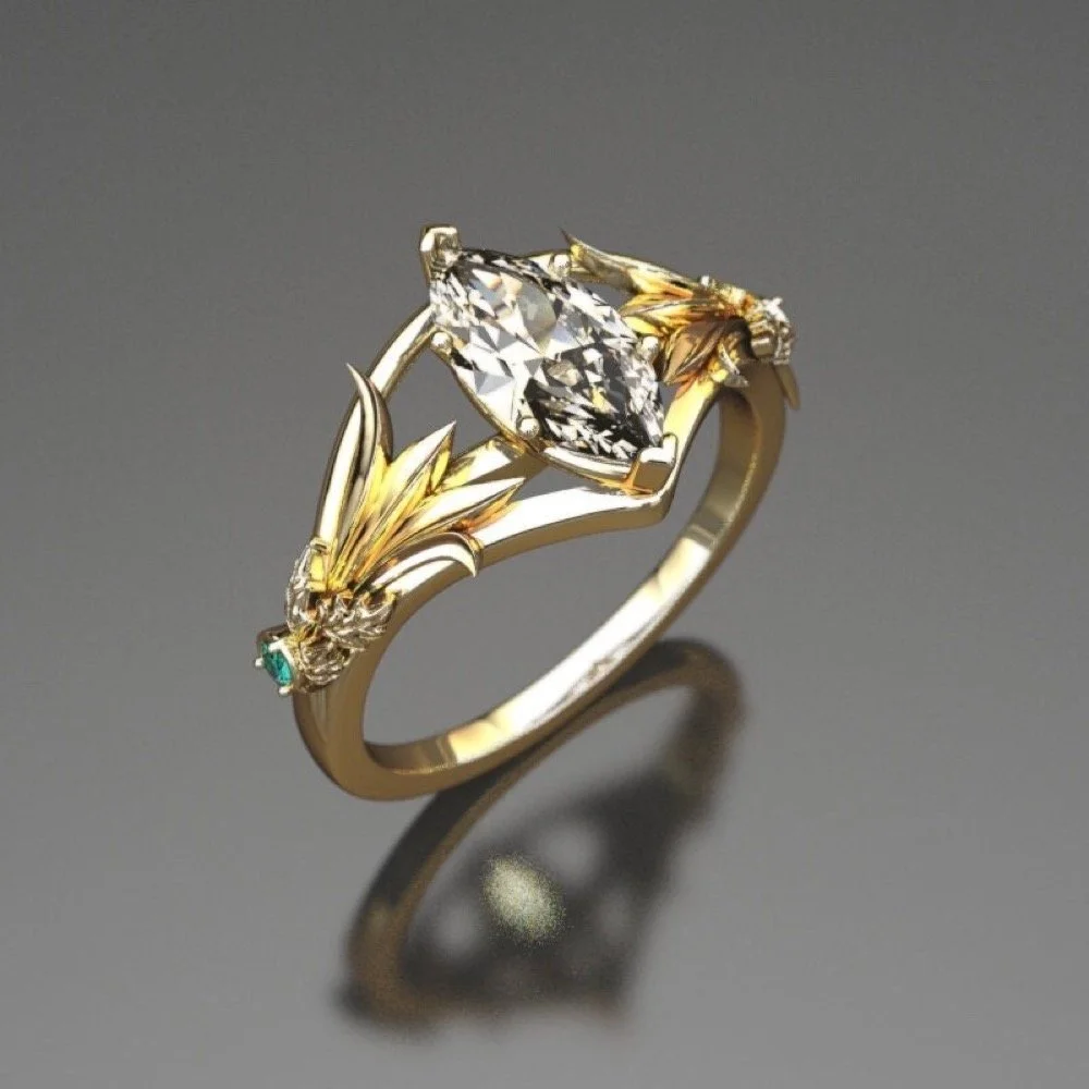 Gold Moissanite Engagement Ring – Elven Oak Leaf, Teal Diamond Accents