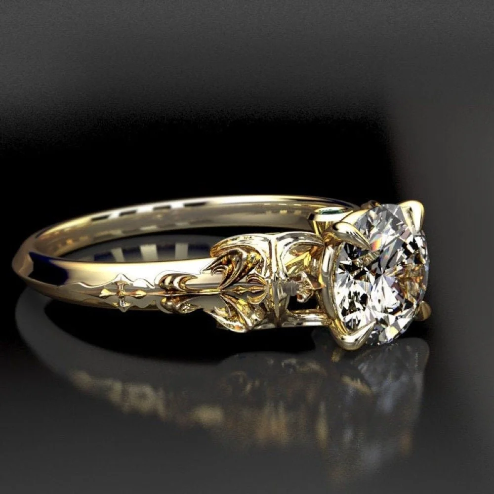 Gold Moissanite Engagement Ring – Gothic Teal Diamond Accent