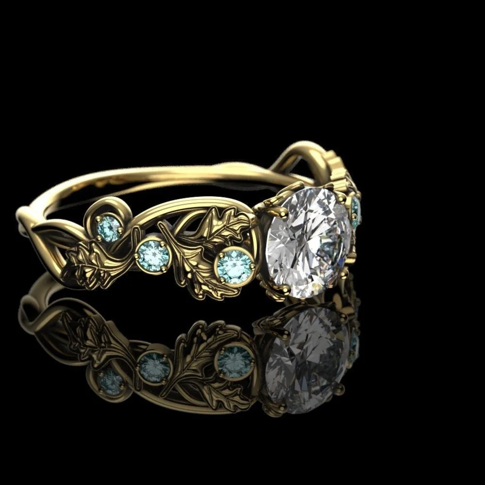 Gold Oak Leaf Engagement Ring - 1 Carat Lab Diamond, Aqua Accents