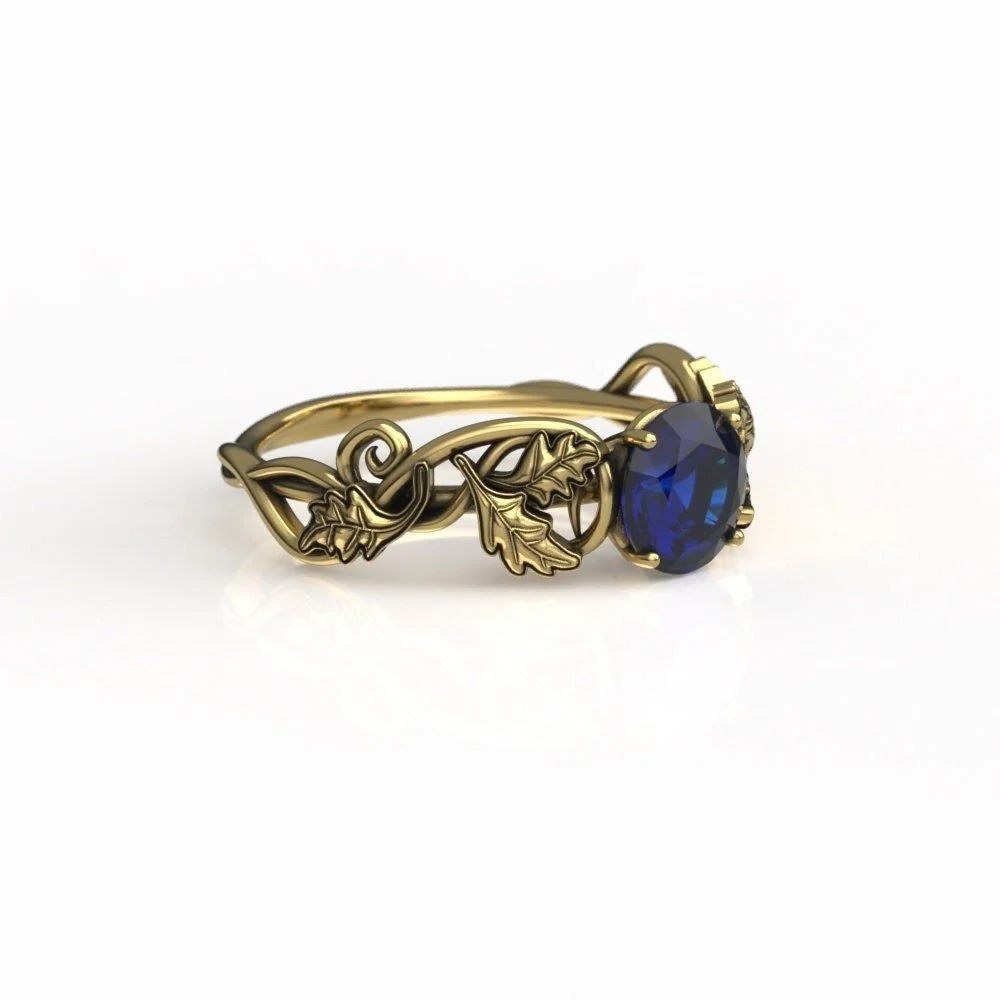 Gold Oak Leaf Ring – Lab Sapphire Fairy Celtic Engagement Ring