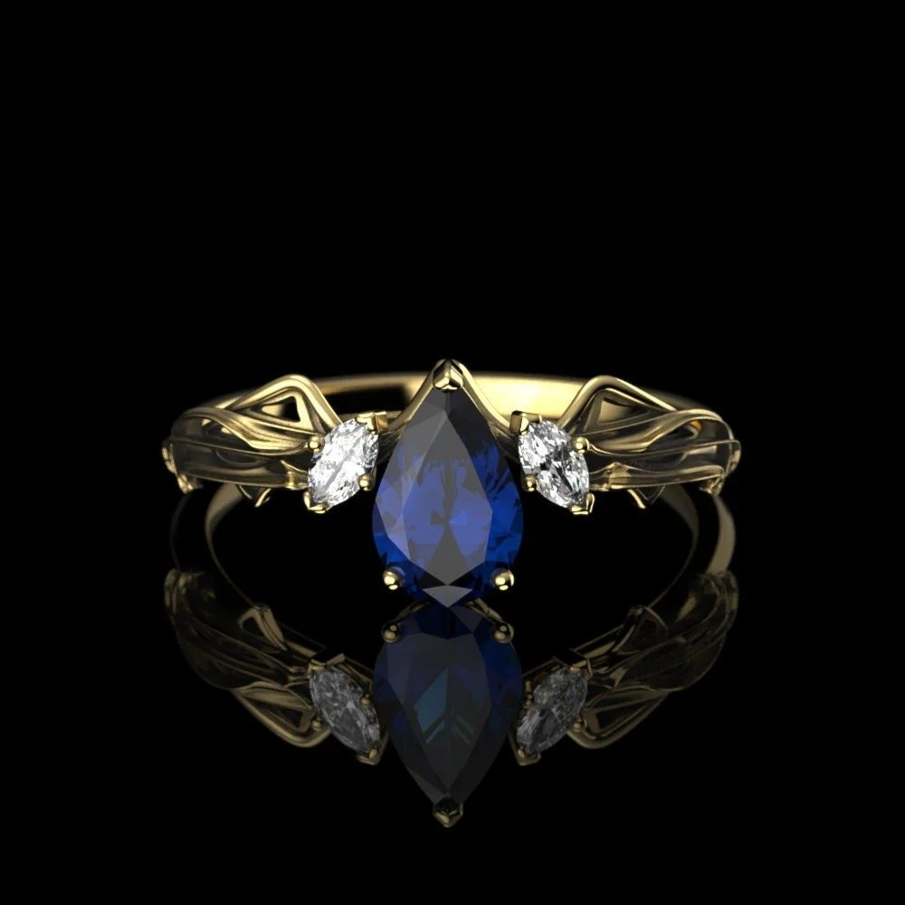 Gold Pear Cut Lab Sapphire Engagement Ring – Art Nouveau Elvish Moissanite Accents