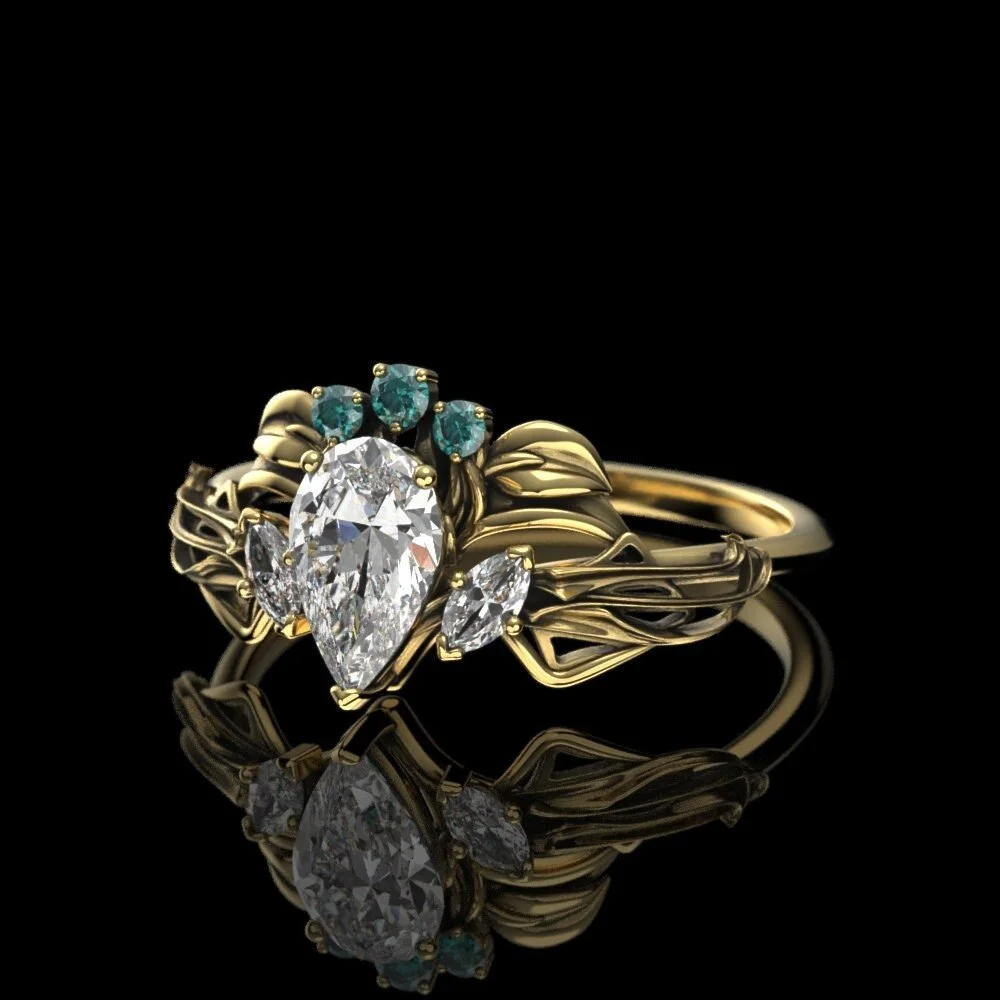 Gold Pear Moissanite Elven Crown Ring - Art Nouveau Engagement Ring