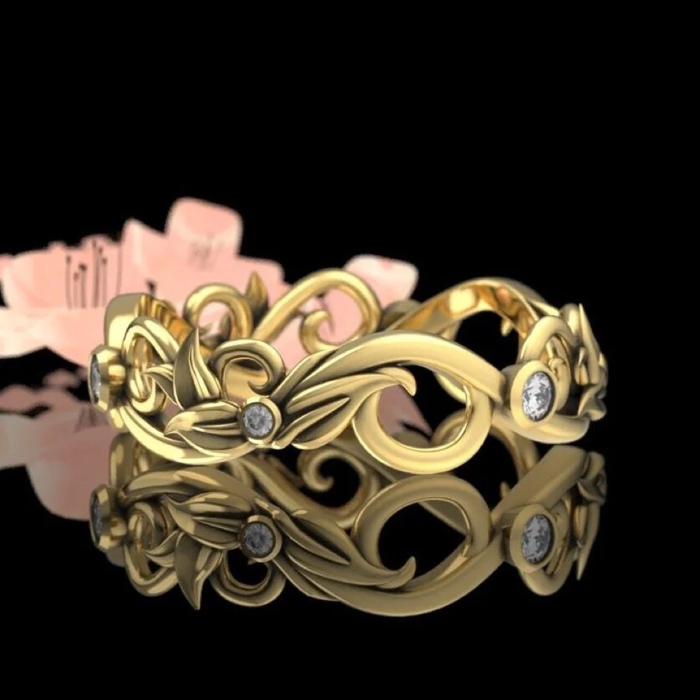 Gold Vine and Leaf Diamond Wedding Ring - Nature Inspired Art Nouveau