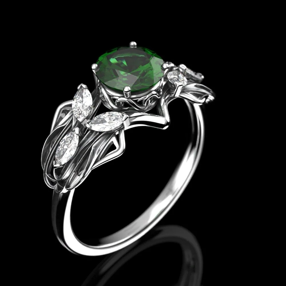 Art Nouveau Lab Emerald Engagement Ring | Fantasy White Gold Ring