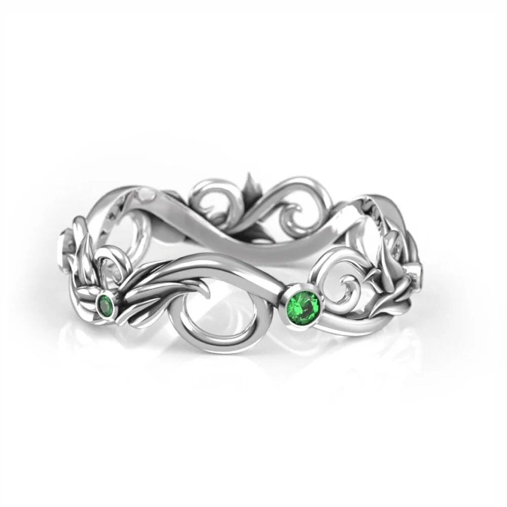 Art Nouveau Lab Emerald Ring – Vine & Leaf Wedding Band in Silver or White Gold