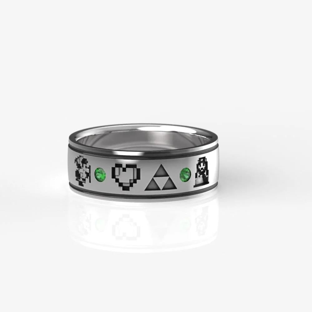 8-Bit | White Gold Triforce Ring with Emeralds | Legend of Zelda Inspired
