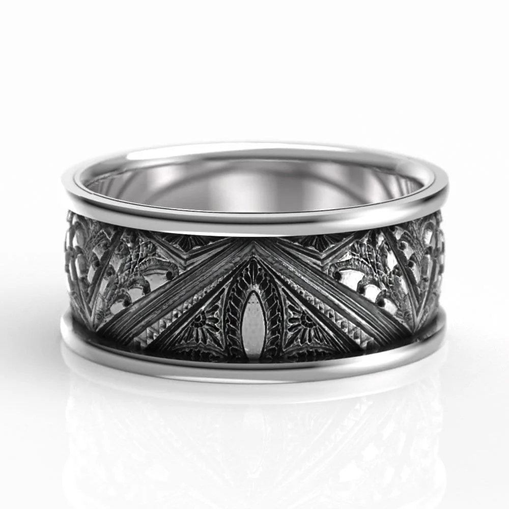 Silver or Gold Men's Lasalle-Wacker Art Deco Wedding Band, Geometric 9mm Wide Ring