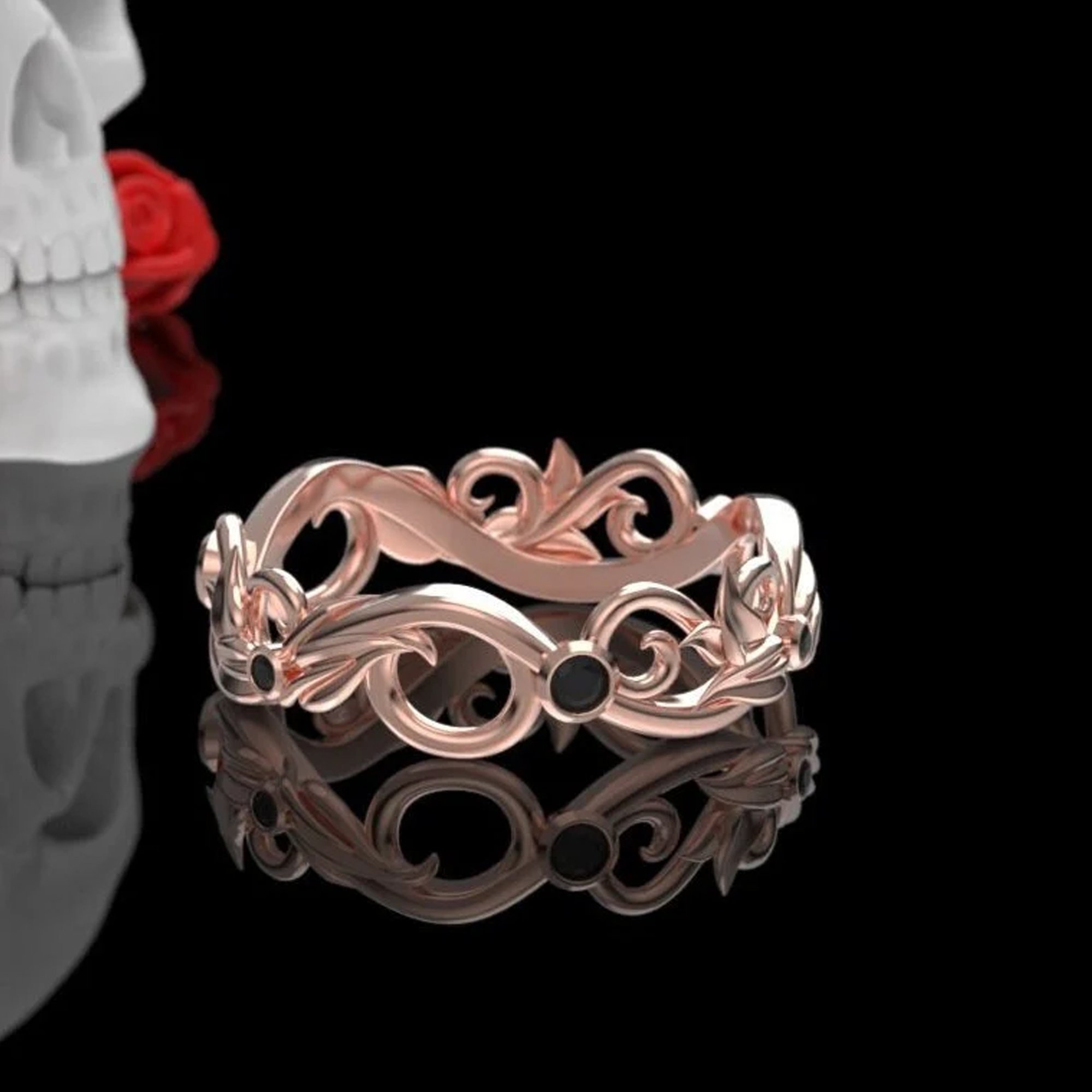 Gold Vine & Leaf Black Diamond Ring - Art Nouveau Wedding Band