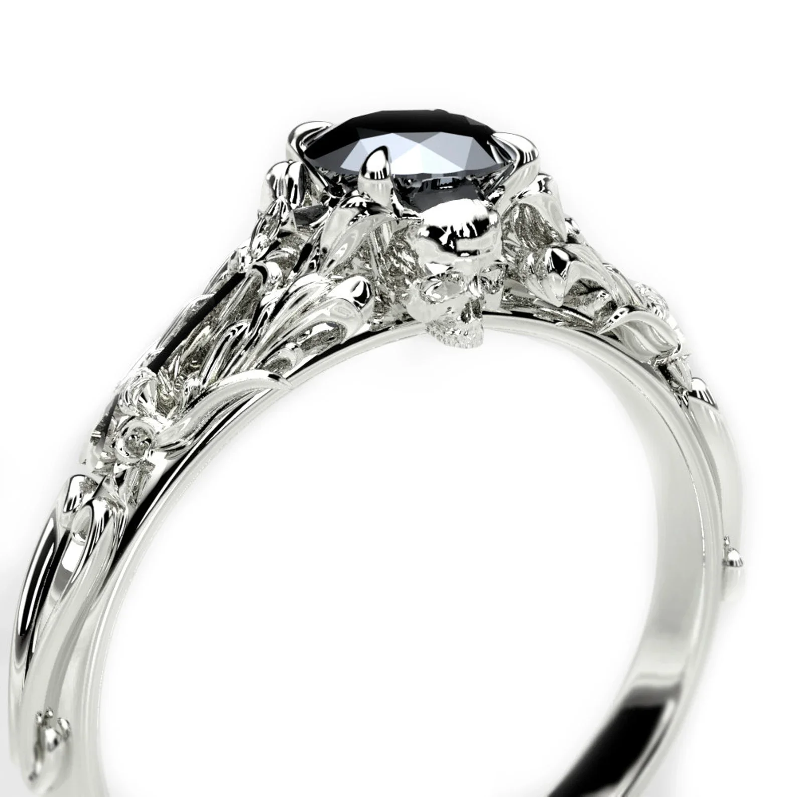 White Gold or Silver Skull Black Diamond Engagement Ring - Gothic Edwardian Style