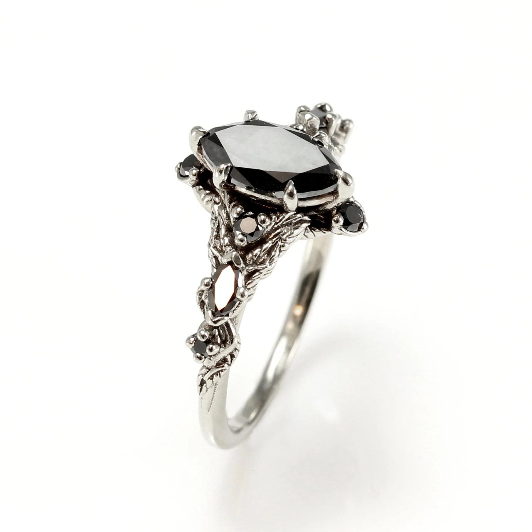 The Raven |  Vine & Leaf  Marquise Black Diamond Engagement Ring in White Gold