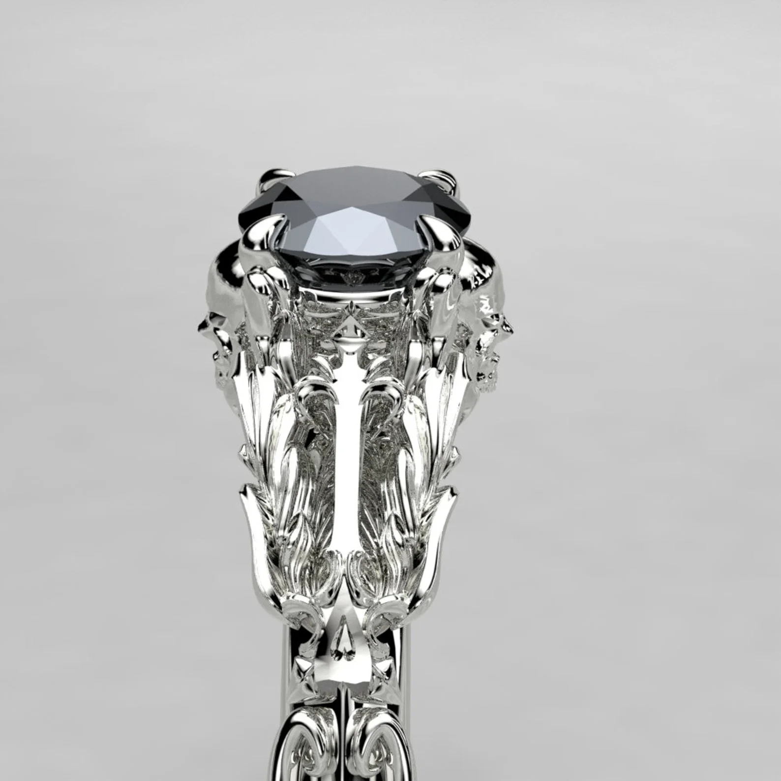 white gold or Silver Skull Black Diamond Engagement Ring.webp