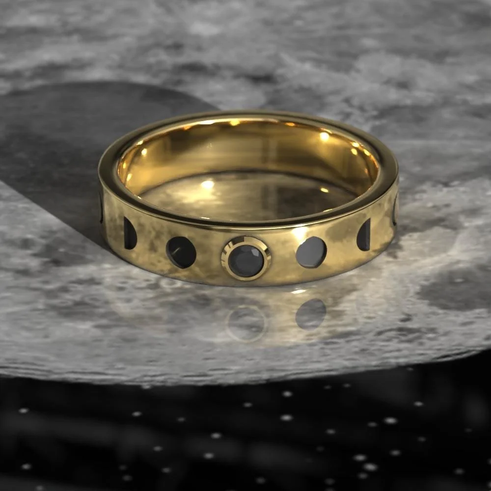 Moon Phase Black Diamond Ring – Celestial Band in Silver or Gold