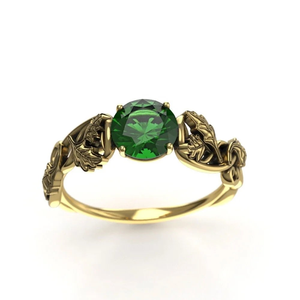 Gold Oak Leaf Engagement Ring – Celtic Elvish Lab Emerald Promise Ring