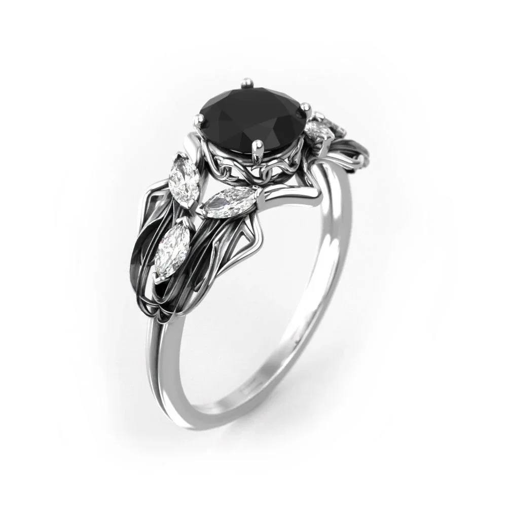 Fantasy Engagement Ring with 1 carat Black Diamond - Art Nouveau Elf Ring