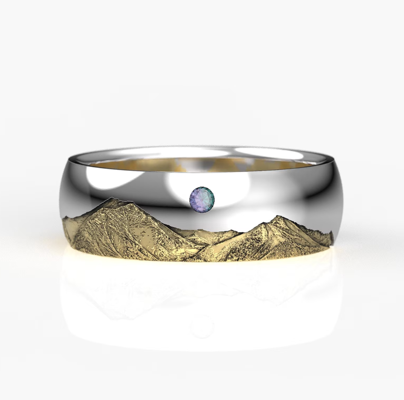 Mountain Ring – Colorado Two Tone Gold & Silver Band with Lab Alexandrite