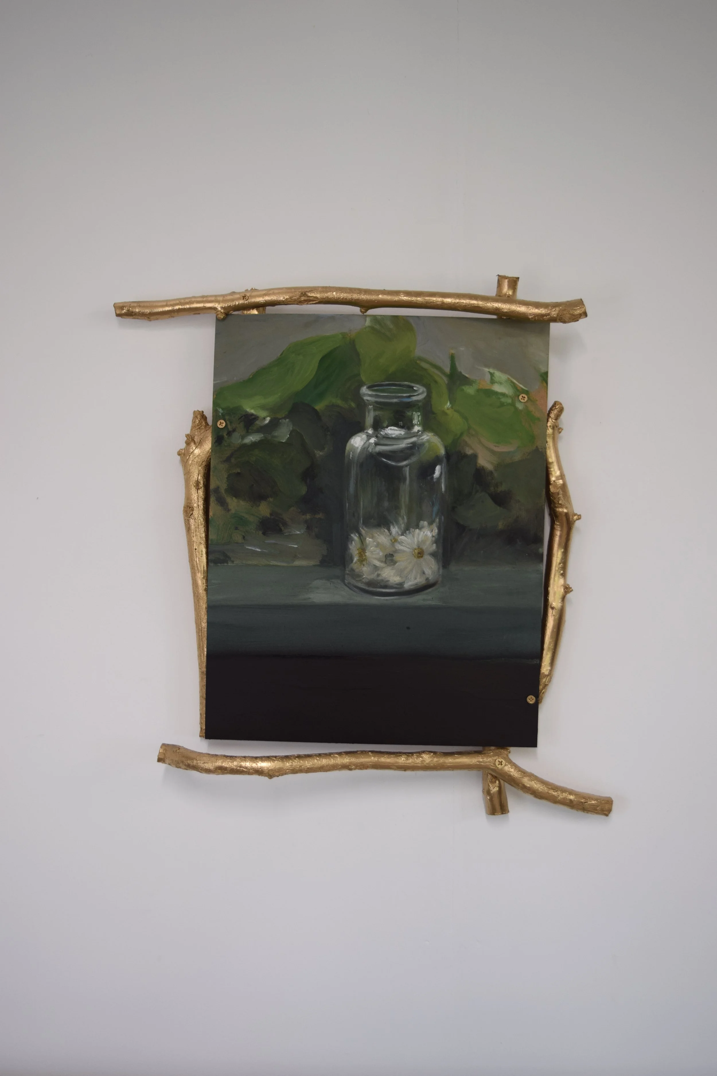  False Daisies, oil on board,  baroque wabi-sabi frame: chrome gold on deadfall, 2024 