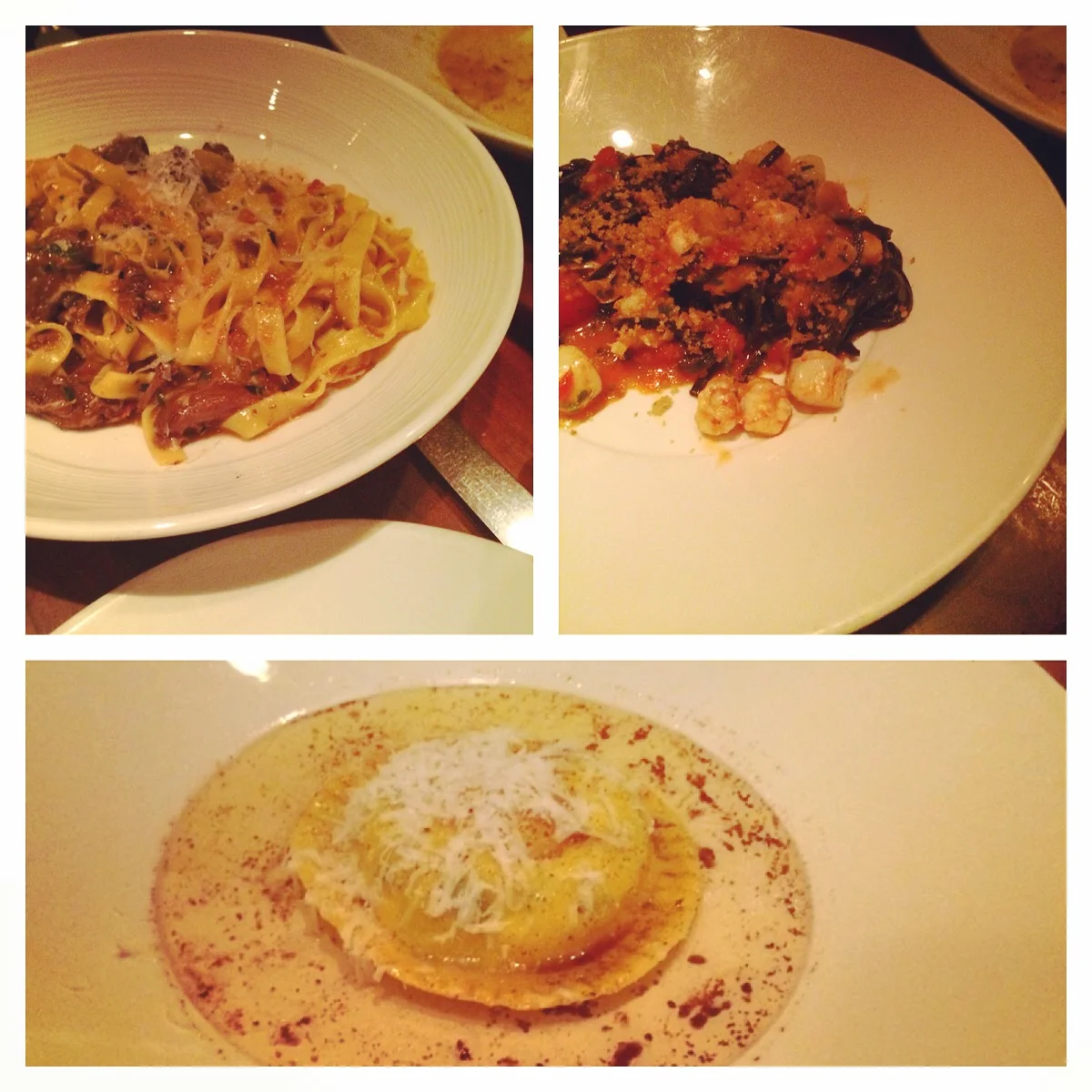 Seven Hills (Nob Hill) - Pasta: Raviolo Uovo, Tagliatelle with Braised Lamb, Chitarrini Neri with Rock Shrimps and Bay Scallops