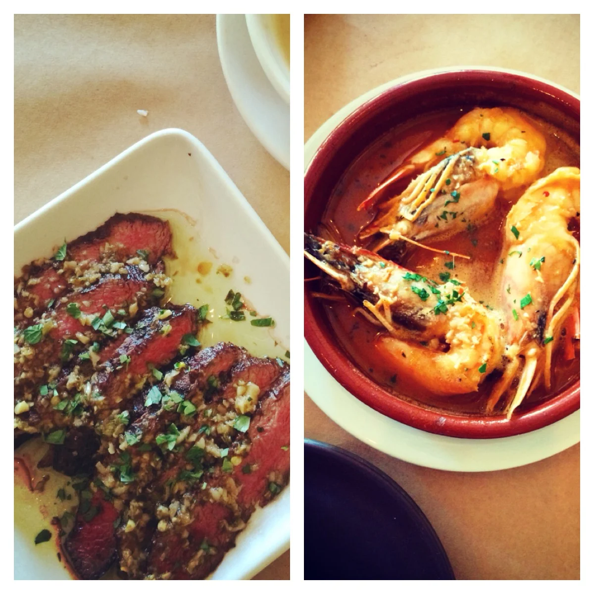 ZuZu Tapas - Flat Iron Steak from Brandt Ranch, Gambas Ajillo