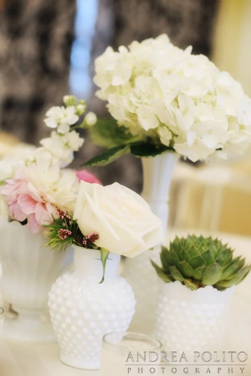Milk Glass Ivory Pink Succulent Wedding Tablescape
