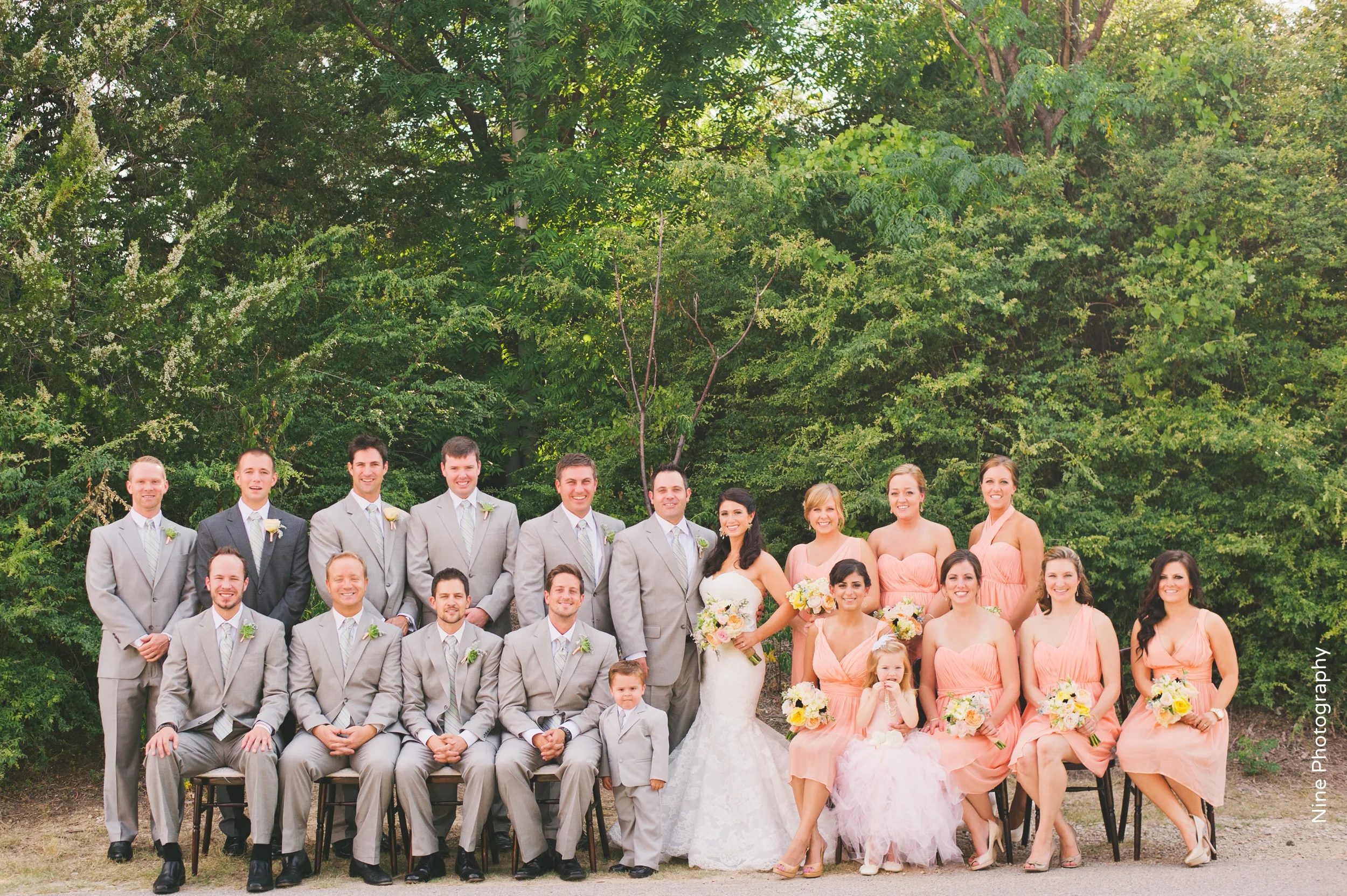 Bridal Party Short Peach Bridesmaids Dresses Gray Suits