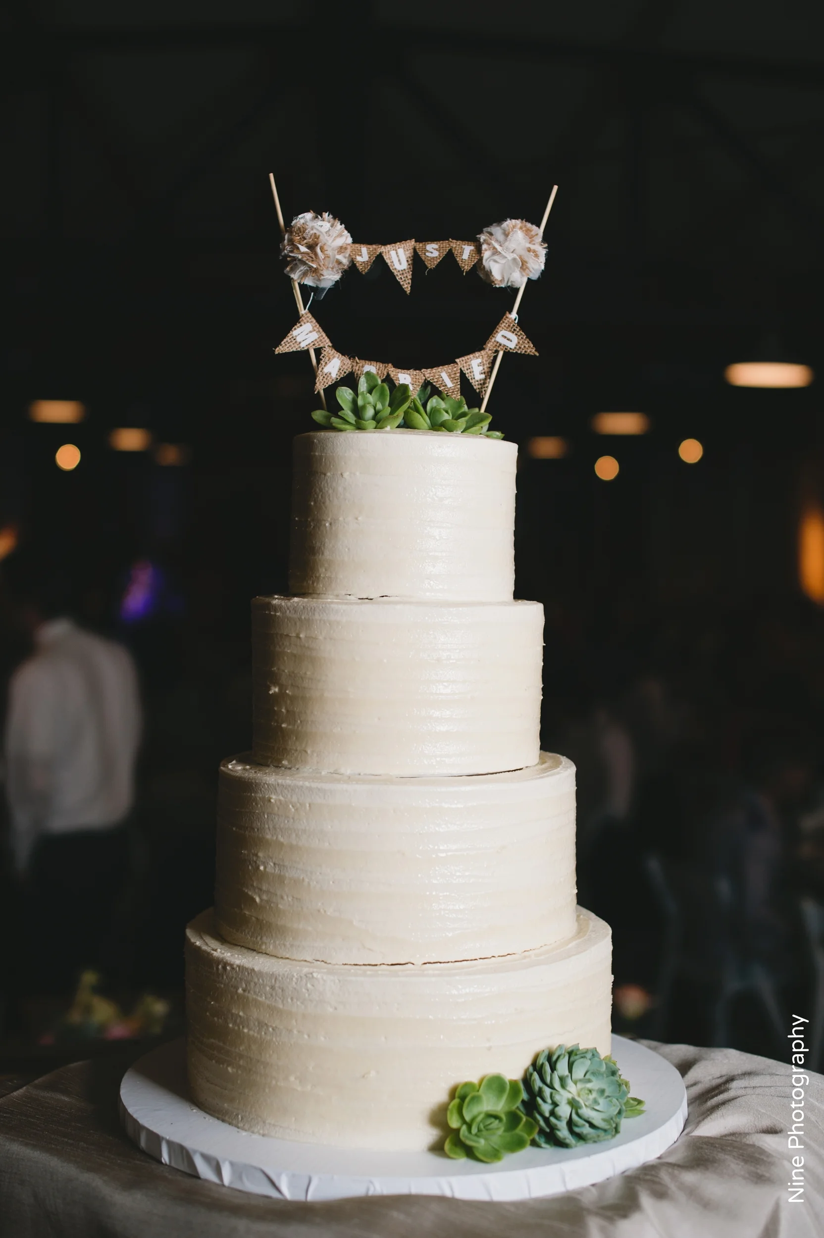 Rustic Burlap Wedding Cake Bunting Succulents