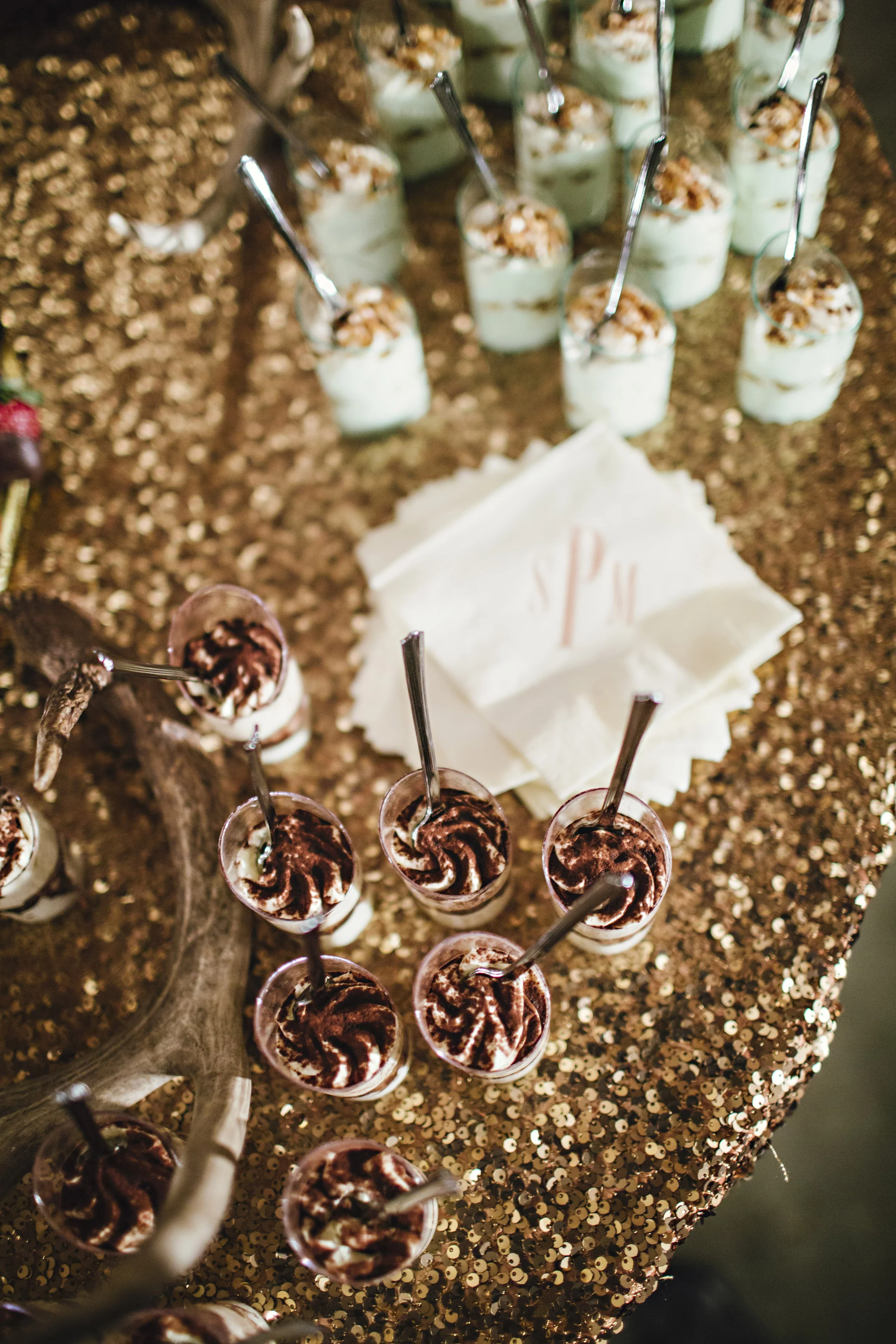 Small Wedding Desserts on Gold Sequin Table Linen