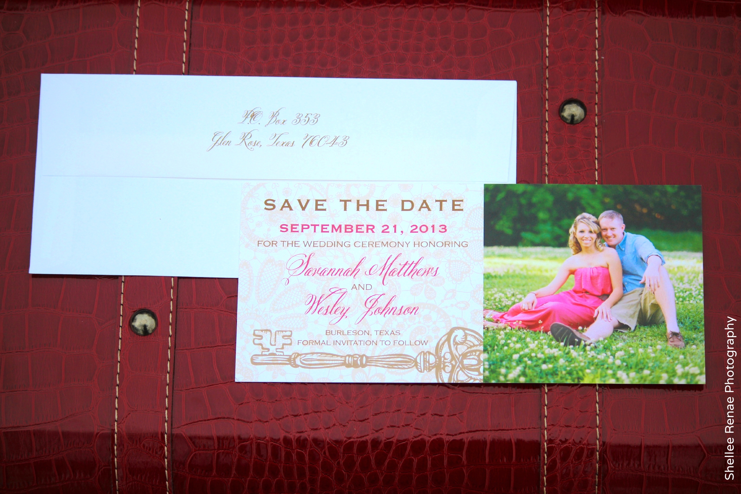 Red and Beige Lace Key photo save-the-date