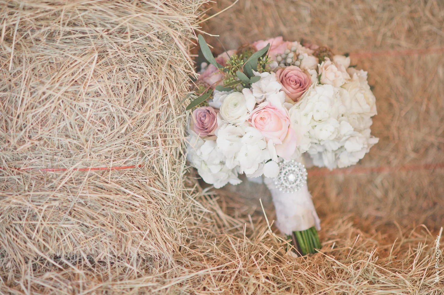 White pink, greenery rhinestone brooch bridal bouquet