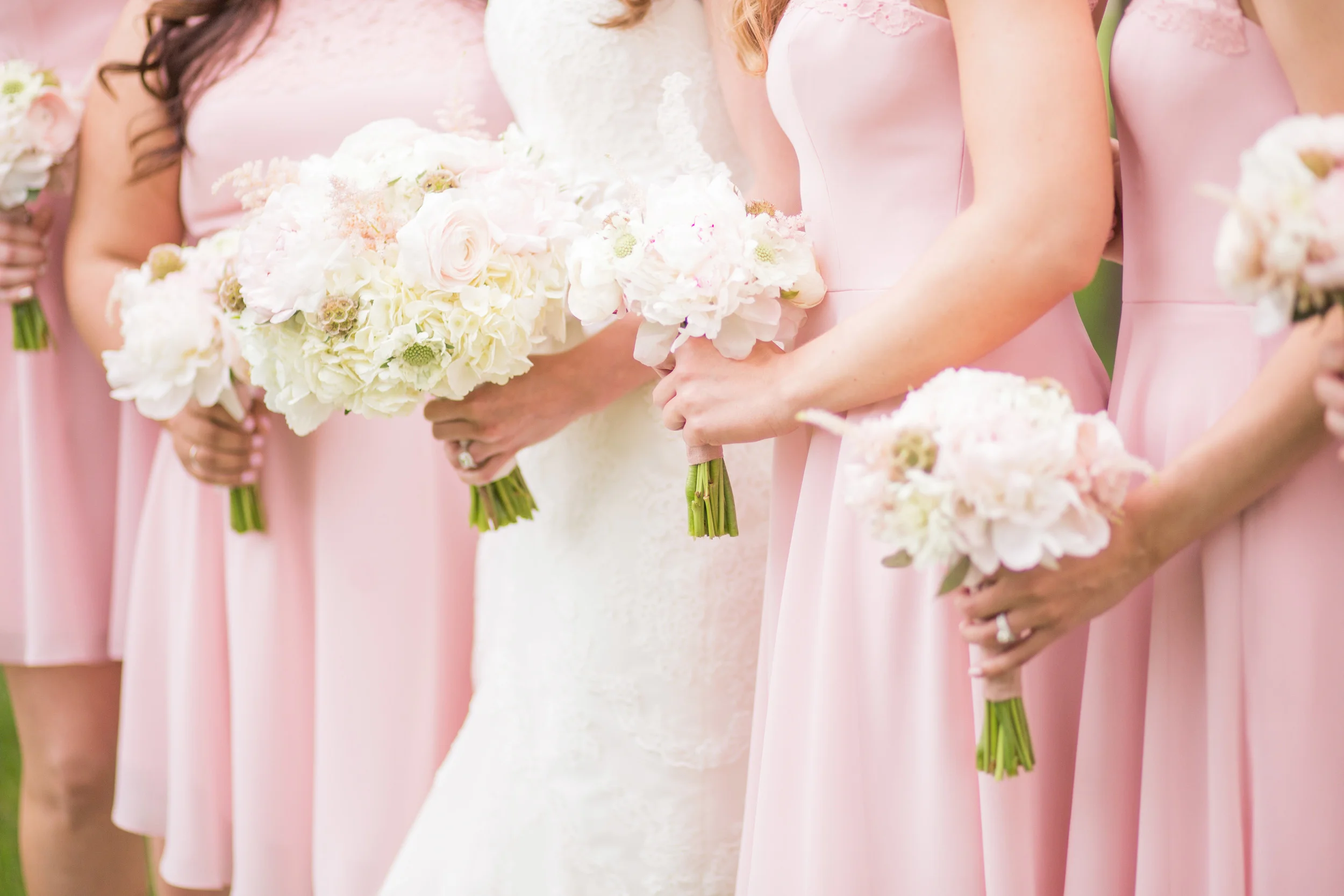 Short pink bridesmaid dresses white and pink bouquets