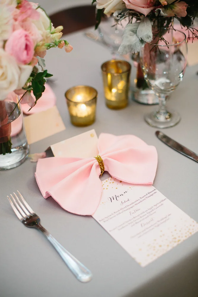 Gray Pink linens and wedding menu