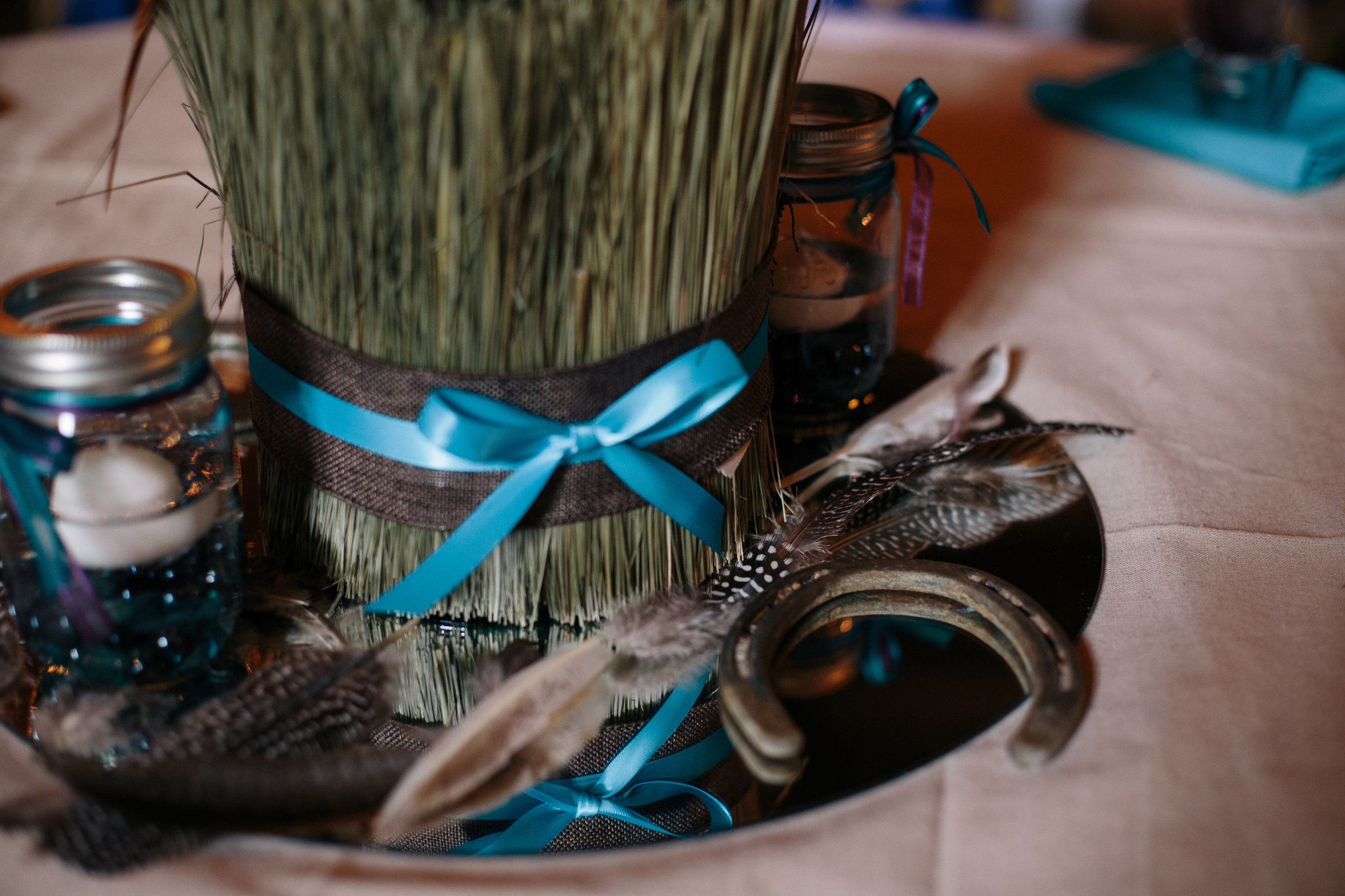 Rustic Horseshoe Feather Brown Teal Mirror Wedding Centerpiece