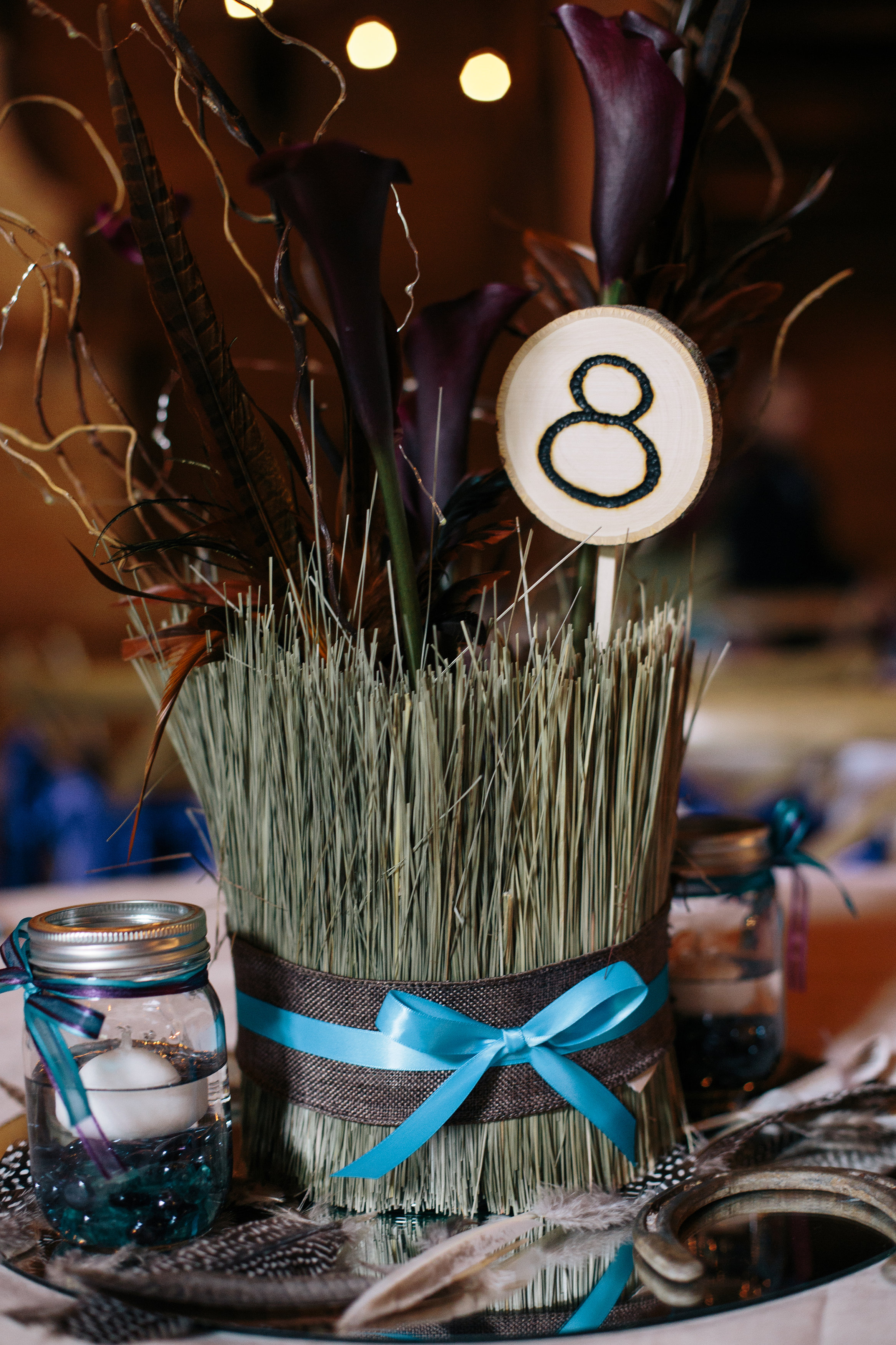 Rustic Horseshoe Feather Brown Teal Mirror Wedding Centerpiece